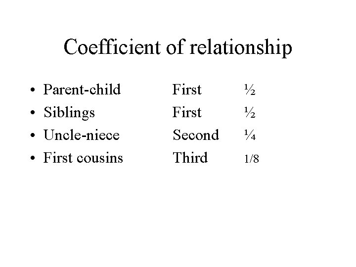 Coefficient of relationship • • Parent-child Siblings Uncle-niece First cousins First Second Third ½