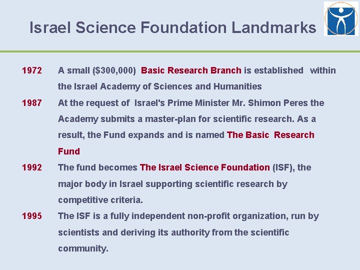 Israel Science Foundation Landmarks 1972 A small ($300, 000) Basic Research Branch is established