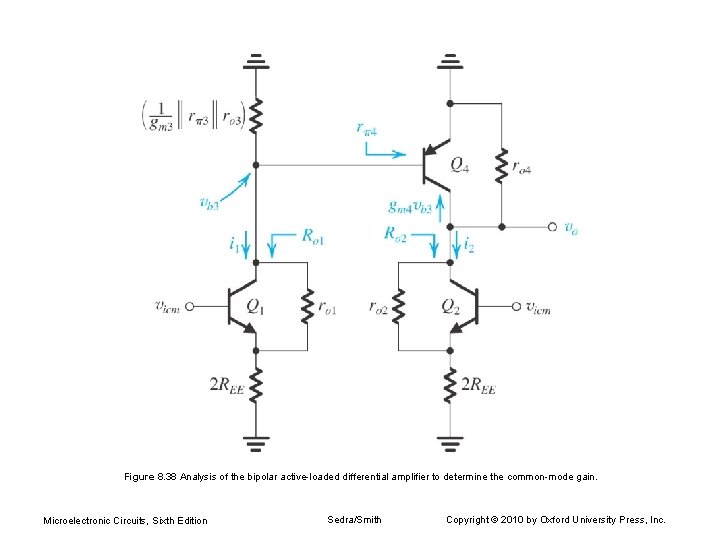 Figure 8. 38 Analysis of the bipolar active-loaded differential amplifier to determine the common-mode