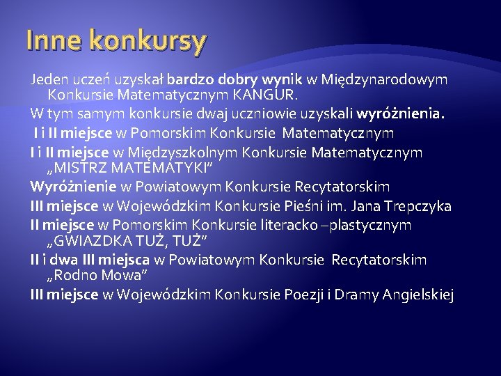 Inne konkursy Jeden uczeń uzyskał bardzo dobry wynik w Międzynarodowym Konkursie Matematycznym KANGUR. W