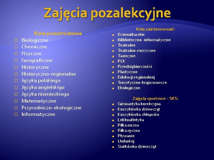 Zajęcia pozalekcyjne � � � Koła przedmiotowe: Biologiczne Chemiczne Fizyczne Geograficzne Historyczno-regionalne Języka polskiego