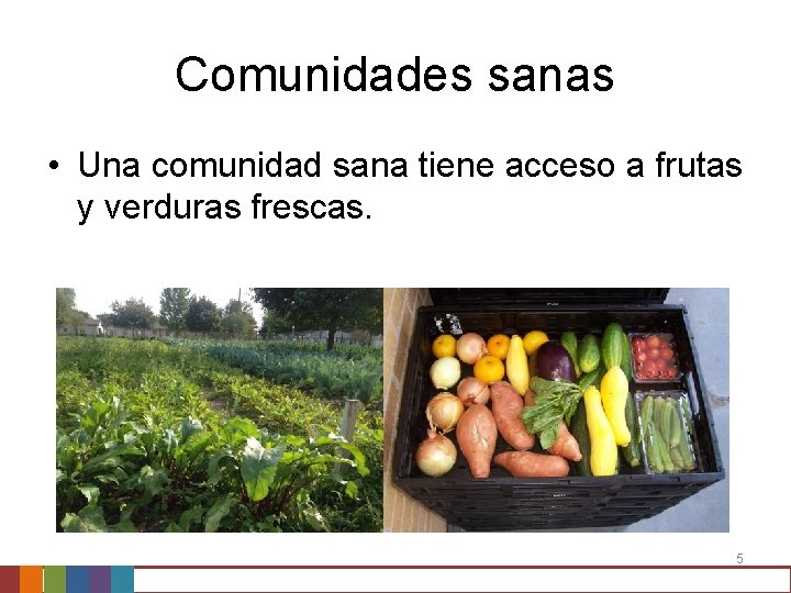 Comunidades sanas • Una comunidad sana tiene acceso a frutas y verduras frescas. 5