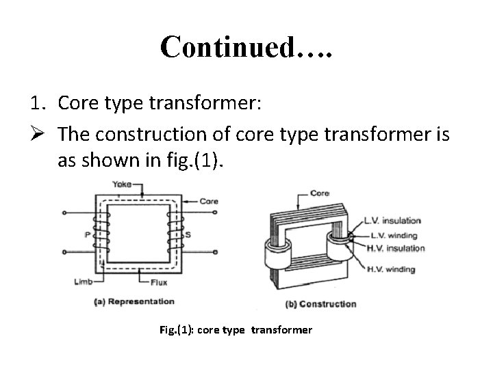 Continued…. 1. Core type transformer: Ø The construction of core type transformer is as