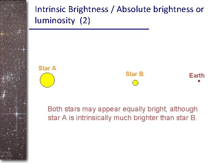 Intrinsic Brightness / Absolute brightness or luminosity (2) Star A Star B Earth Both