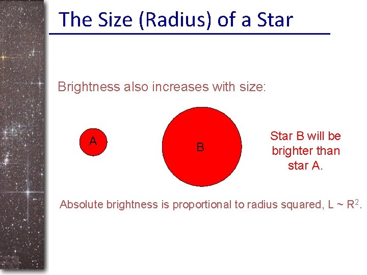 The Size (Radius) of a Star Brightness also increases with size: A B Star