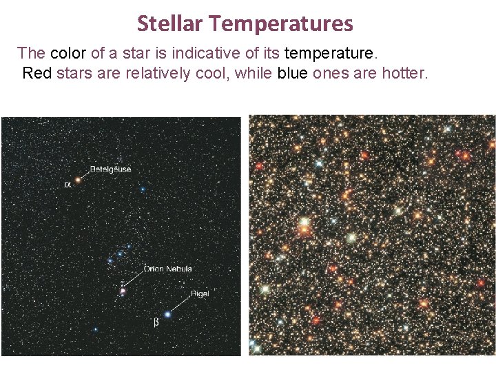 Stellar Temperatures The color of a star is indicative of its temperature. Red stars