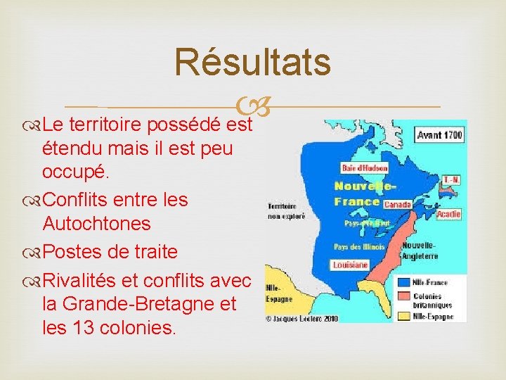 Résultats Le territoire possédé est étendu mais il est peu occupé. Conflits entre les