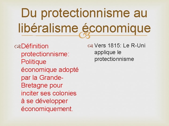 Du protectionnisme au libéralisme économique Définition protectionnisme: Politique économique adopté par la Grande. Bretagne
