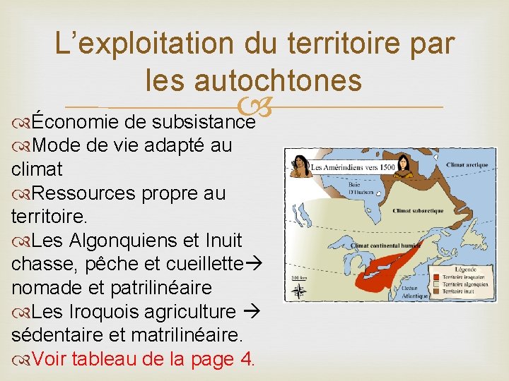 L’exploitation du territoire par les autochtones Économie de subsistance Mode de vie adapté au