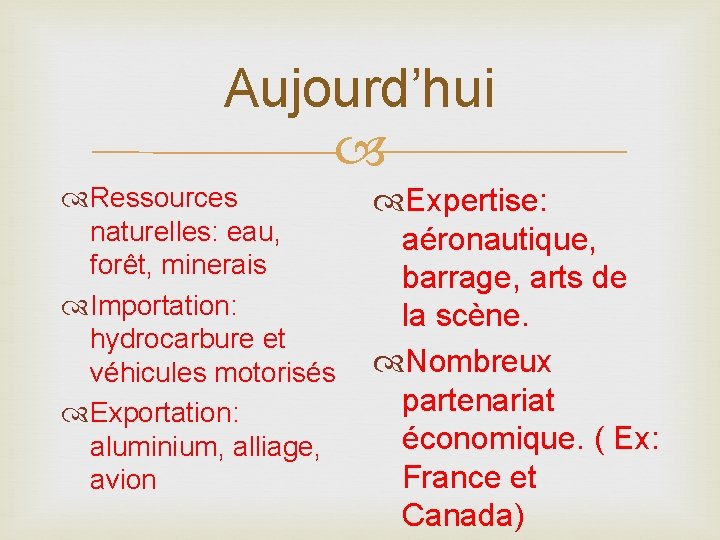 Aujourd’hui Ressources naturelles: eau, forêt, minerais Importation: hydrocarbure et véhicules motorisés Exportation: aluminium, alliage,