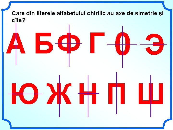 Care din literele alfabetului chirilic au axe de simetrie şi cîte? А БФ Г