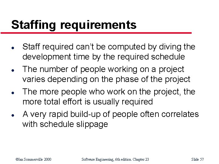 Staffing requirements l l Staff required can’t be computed by diving the development time