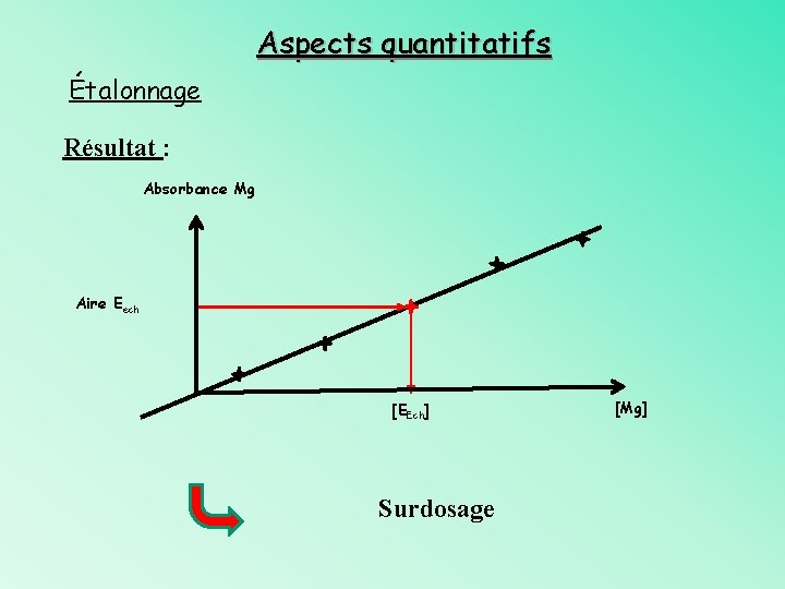 Aspects quantitatifs Étalonnage Résultat : Absorbance Mg Aire Eech [EEch] Surdosage [Mg] 