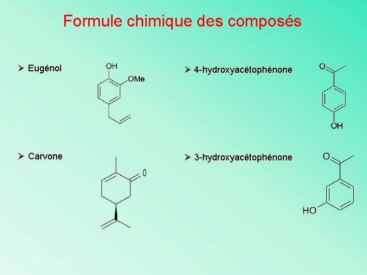 Formule chimique des composés Ø Eugénol Ø 4 -hydroxyacétophénone Ø Carvone Ø 3 -hydroxyacétophénone