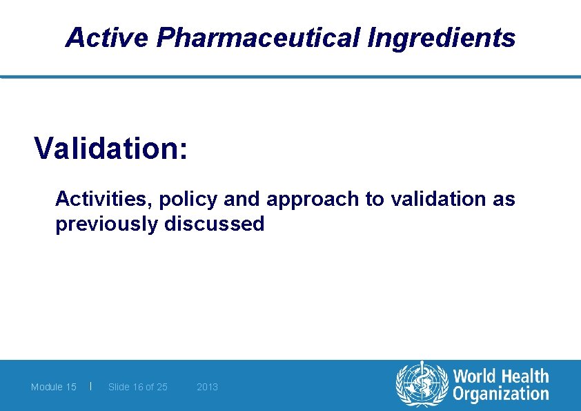 Active Pharmaceutical Ingredients Validation: Activities, policy and approach to validation as previously discussed Module