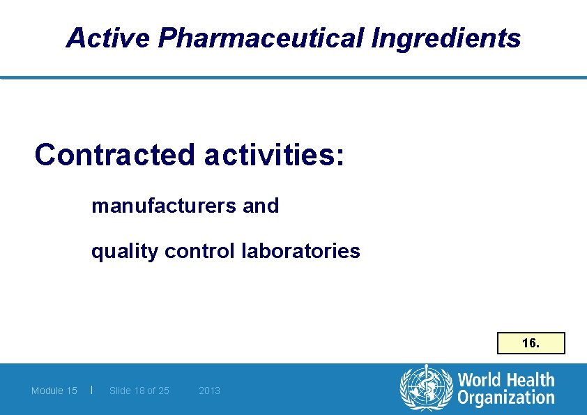 Active Pharmaceutical Ingredients Contracted activities: manufacturers and quality control laboratories 16. Module 15 |