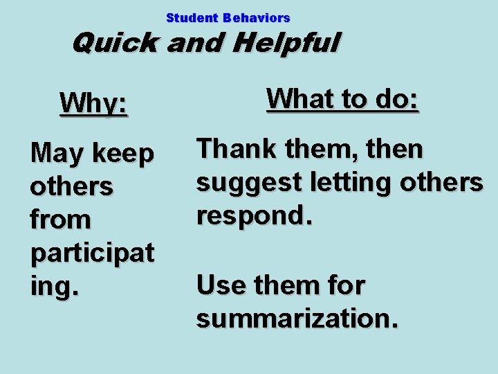 Student Behaviors Quick and Helpful Why: What to do: May keep others from participat