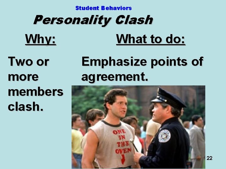 Student Behaviors Personality Clash Why: Two or more members clash. What to do: Emphasize