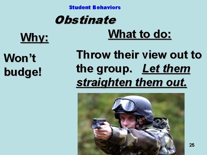 Student Behaviors Obstinate Why: Won’t budge! What to do: Throw their view out to