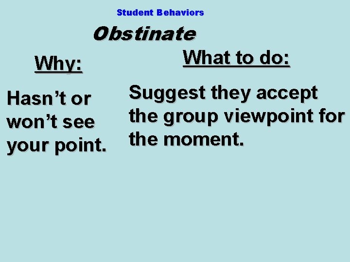 Student Behaviors Obstinate Why: What to do: Hasn’t or won’t see your point. Suggest