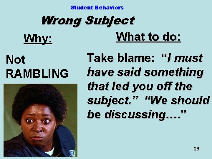 Student Behaviors Wrong Subject Why: What to do: Not RAMBLING Take blame: “I must