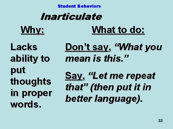 Student Behaviors Inarticulate Why: Lacks ability to put thoughts in proper words. What to