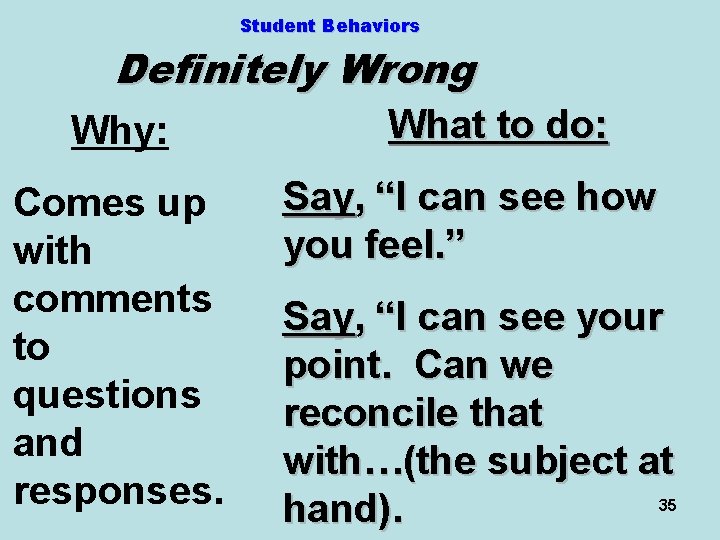 Student Behaviors Definitely Wrong Why: Comes up with comments to questions and responses. What