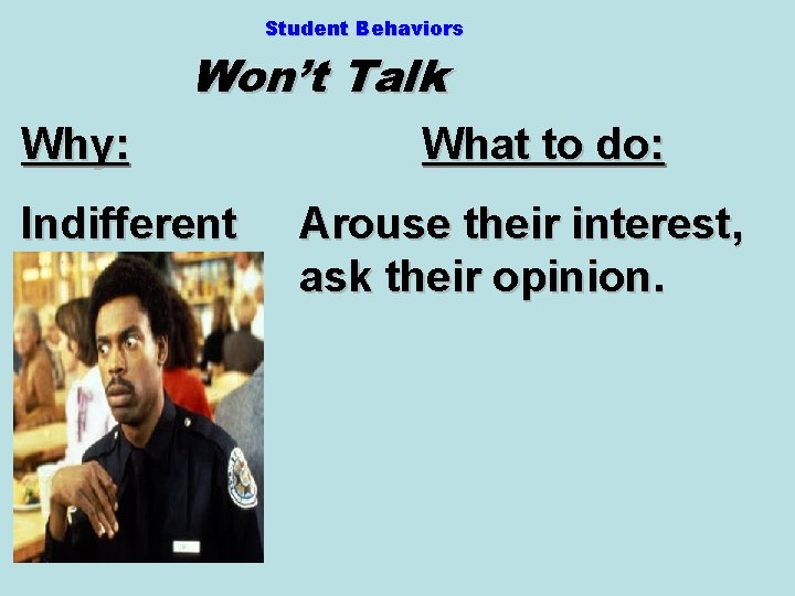 Student Behaviors Won’t Talk Why: Indifferent What to do: Arouse their interest, ask their
