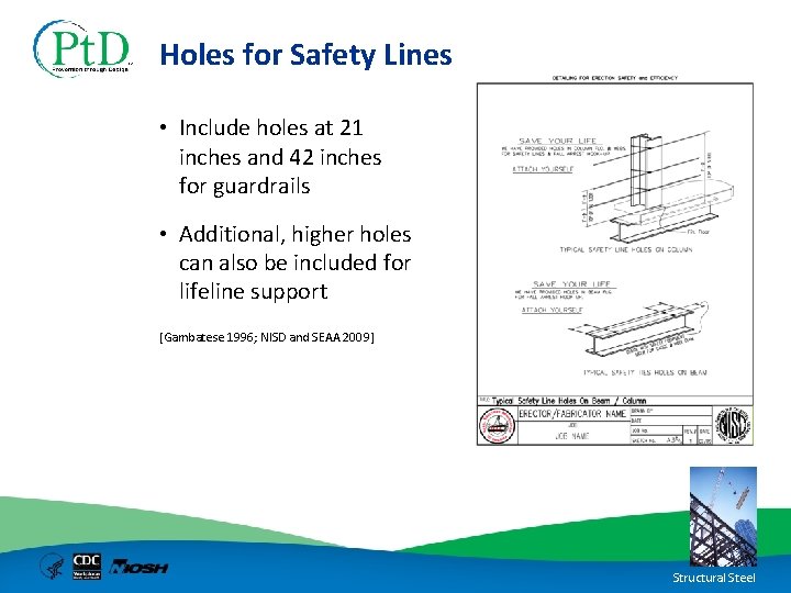 Holes for Safety Lines • Include holes at 21 inches and 42 inches for