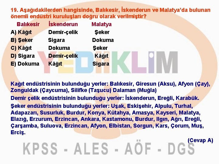 19. Aşağıdakilerden hangisinde, Balıkesir, İskenderun ve Malatya’da bulunan önemli endüstri kuruluşları doğru olarak verilmiştir?