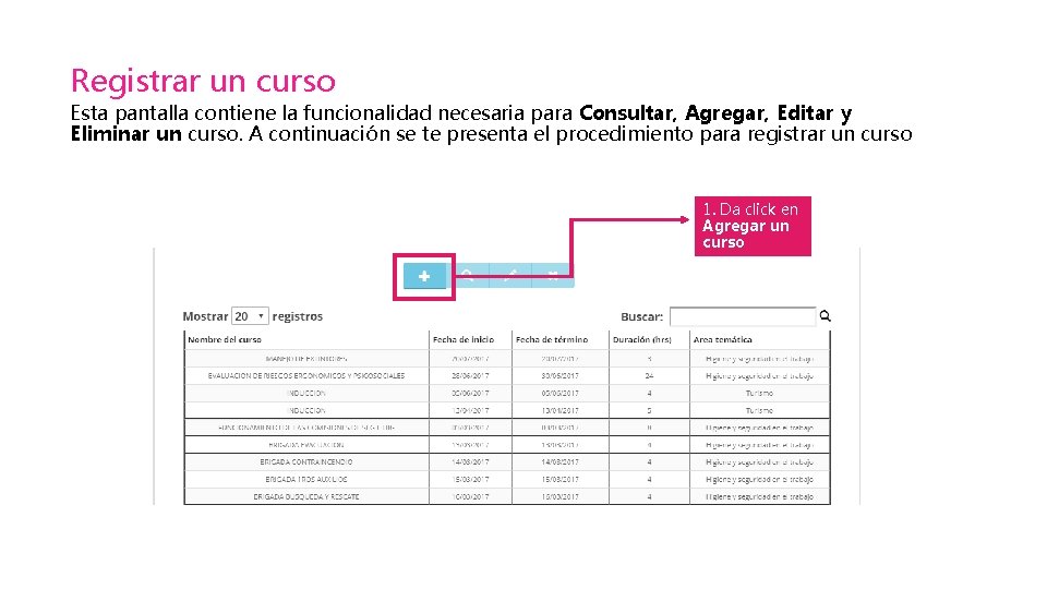 Registrar un curso Esta pantalla contiene la funcionalidad necesaria para Consultar, Agregar, Editar y