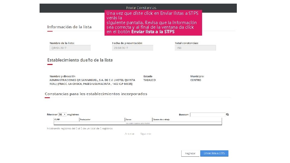 Una vez que diste click en Enviar listas a STPS verás la siguiente pantalla.