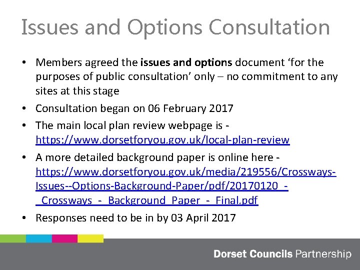 Issues and Options Consultation • Members agreed the issues and options document ‘for the