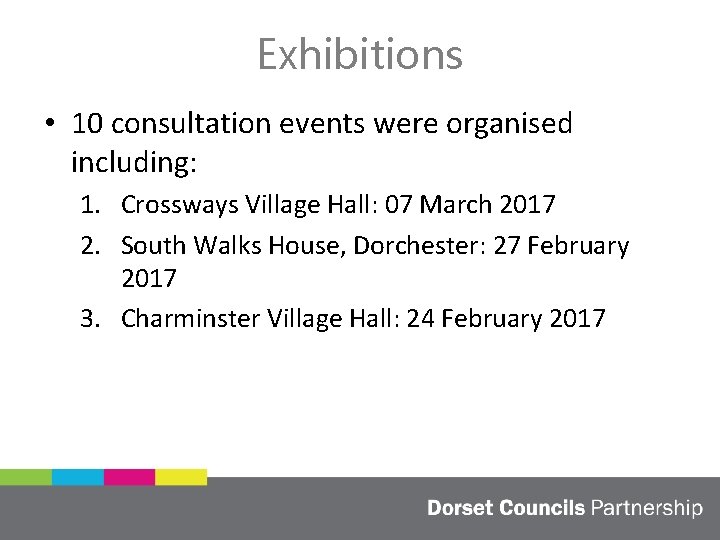 Exhibitions • 10 consultation events were organised including: 1. Crossways Village Hall: 07 March