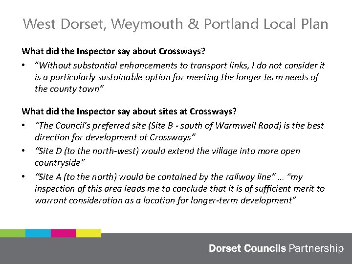 West Dorset, Weymouth & Portland Local Plan What did the Inspector say about Crossways?