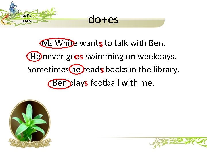 Let’s learn. do+es Ms White wantss to talk with Ben. He never goes es