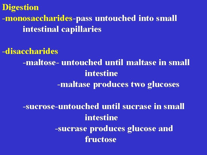 Digestion -monosaccharides-pass untouched into small intestinal capillaries -disaccharides -maltose- untouched until maltase in small