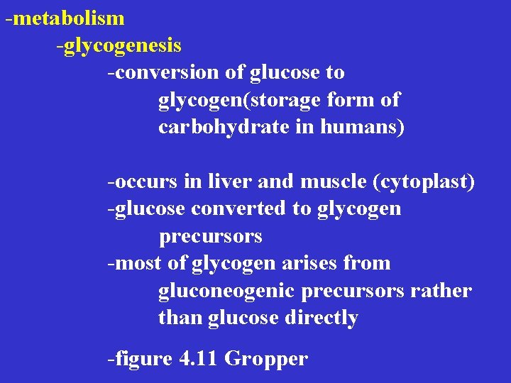 -metabolism -glycogenesis -conversion of glucose to glycogen(storage form of carbohydrate in humans) -occurs in