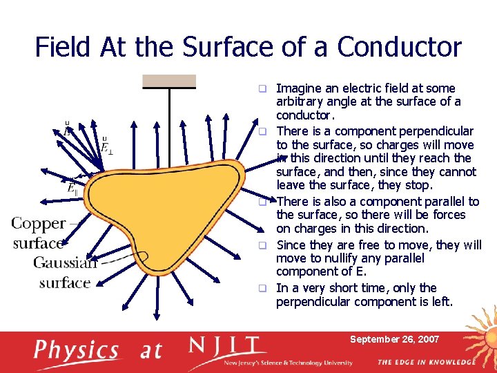 Field At the Surface of a Conductor q q q Imagine an electric field