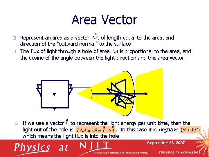 Area Vector Represent an area as a vector , of length equal to the