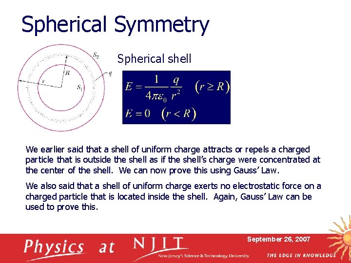 Spherical Symmetry Spherical shell We earlier said that a shell of uniform charge attracts