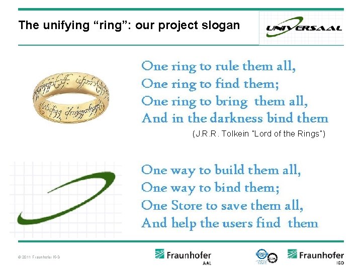 The unifying “ring”: our project slogan (J. R. R. Tolkein “Lord of the Rings”)