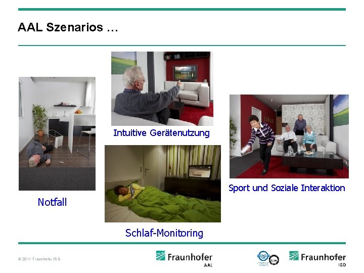 AAL Szenarios … Intuitive Gerätenutzung Sport und Soziale Interaktion Notfall Schlaf-Monitoring © 2011 Fraunhofer