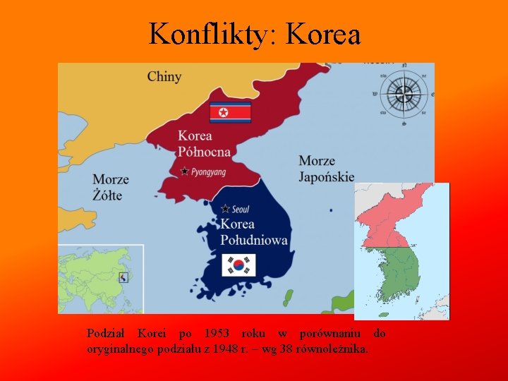 Konflikty: Korea Podział Korei po 1953 roku w porównaniu do oryginalnego podziału z 1948