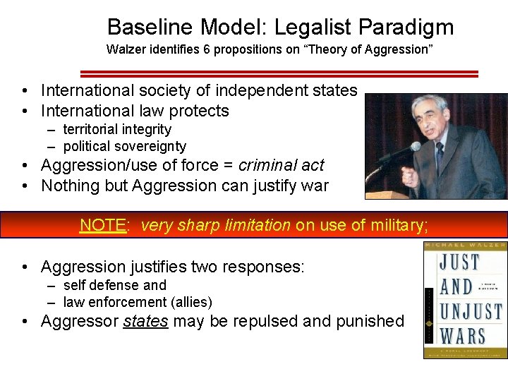 Baseline Model: Legalist Paradigm Walzer identifies 6 propositions on “Theory of Aggression” • International Baseline Model: Legalist Paradigm Walzer identifies 6 propositions on “Theory of Aggression” • International