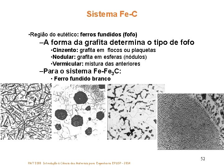 Sistema Fe-C • Região do eutético: ferros fundidos (fofo) –A forma da grafita determina