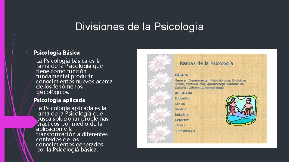 Divisiones de la Psicología • Psicología Básica La Psicología básica es la rama de