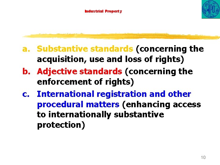 Industrial Property a. Substantive standards (concerning the acquisition, use and loss of rights) b.