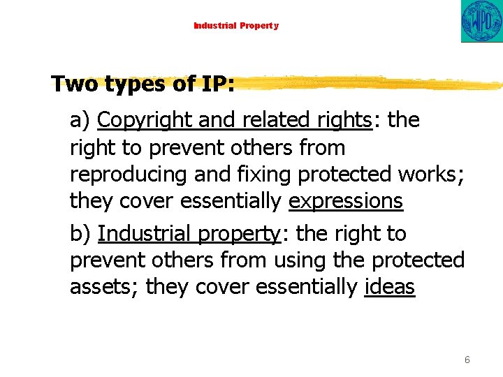 Industrial Property Two types of IP: a) Copyright and related rights: the right to