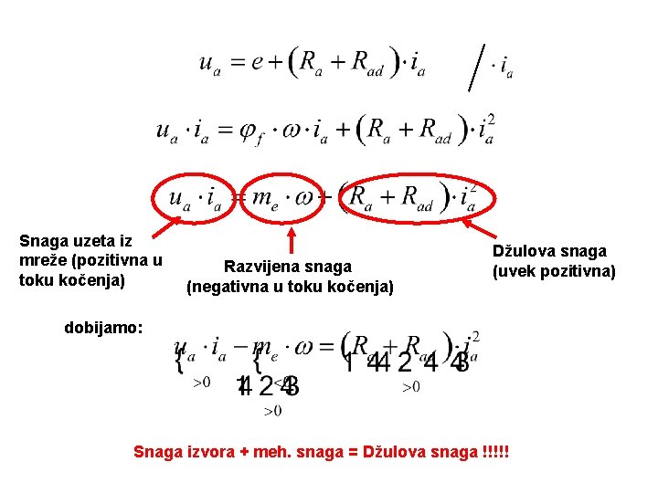 Snaga uzeta iz mreže (pozitivna u toku kočenja) Razvijena snaga (negativna u toku kočenja)